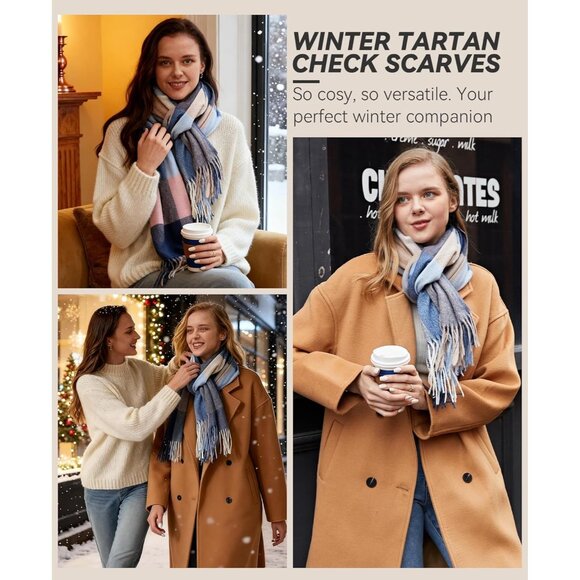 Women Light Blue Grey Winter Warm Shawl Wraps Tartan Blanket Oversized Scarves - Picture 3 of 6